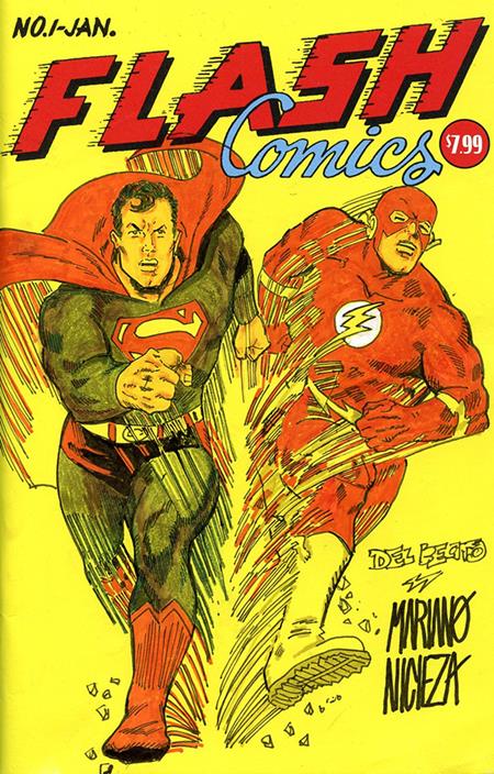 DF DC COMICS COMMISSIONED COVER ART SIGNED AND REMARKED BY MARIANO NICIEZA AND JOE DELBEATO WITH A SUPERMAN FLASH RACE HOMAGE SKETCH #1