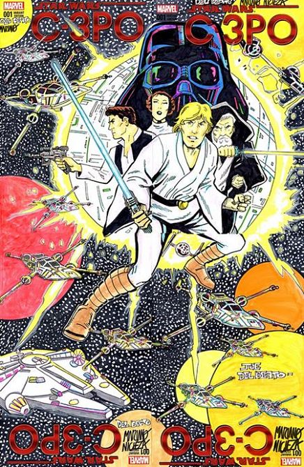 DF MARVEL COMICS COMMISSIONED COVER ART FOUR PIECE BLANK VARIANT CONNECTING SET SIGNED AND REMARKED BY MARIANO NICIEZA AND JOE DELBEATO WITH A CLASSIC STAR WARS #1