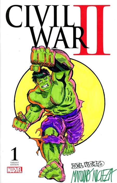 DF MARVEL COMICS COMMISSIONED COVER ART SIGNED AND REMARKED BY MARIANO NICIEZA AND JOE DELBEATO WITH A HULK SKETCH #1